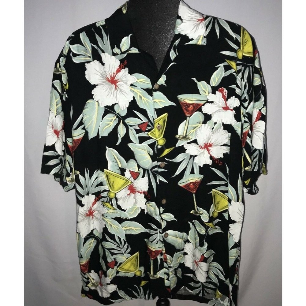 Thumbs Up For Him Button Front Hawaiian Shirt Men Size XL Black Hibiscus Martini